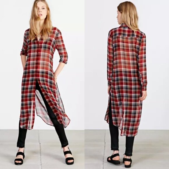 BDG Long Plaid Button-Down Shirt / Tunic / Duster - Picture 2 of 7
